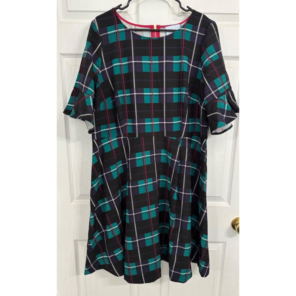 Draper James x Eloquii Size 18 Green Navy Plaid Dress Gold Zipper Ruffled Sleeve